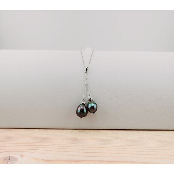 Sterling Silver 8-10mm Black Off-Shape Tahitian Cultured 2 Pearl Necklace 18" - Picture 1 of 7